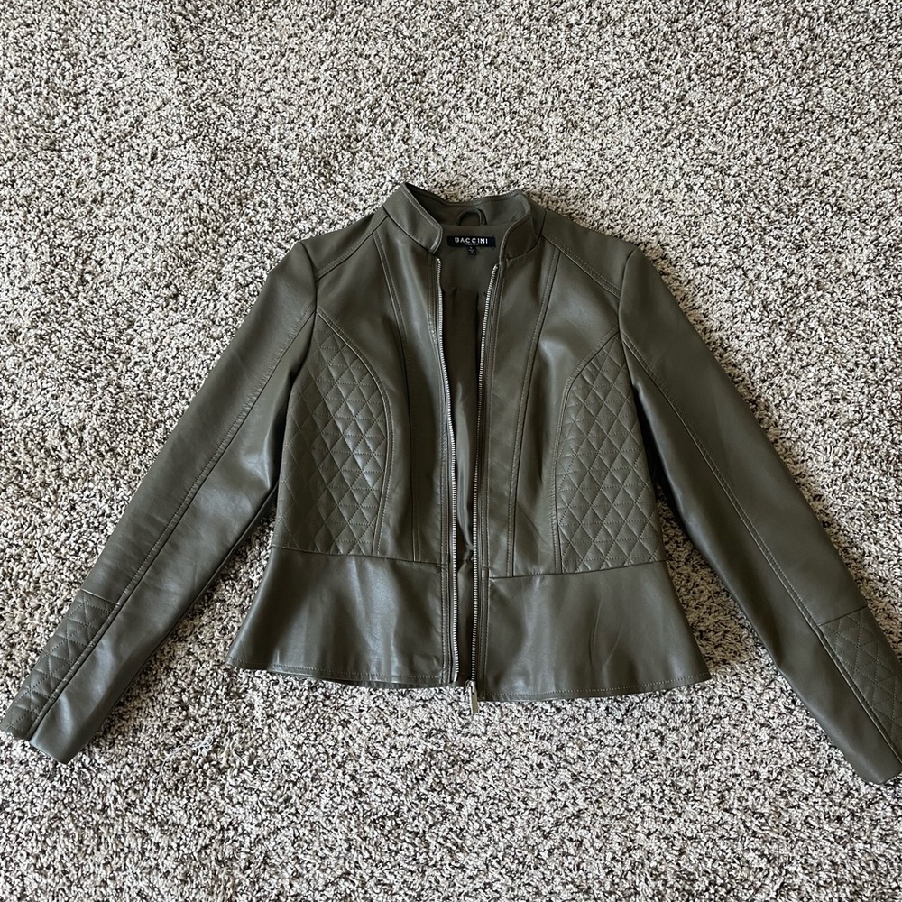 Baccini Faux Leather Jacket Olive Peplum S